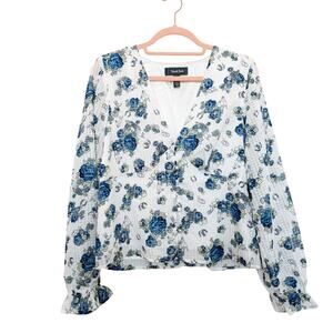 Modcloth Rodeo Rose‎ Button-Up Western Floral Print Top White Blue Size Large